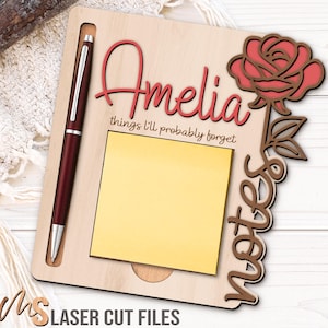 Rose Sticky Note Holder Svg - Personalized Sticky Notepad Holder Svg - Laser Cut Files - Desk Accessories - Glowforge Cricut