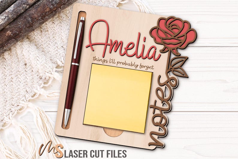 Rose Sticky Note Holder Svg - Personalized Sticky Notepad Holder Svg - Laser Cut Files - Desk Accessories - Sticky Note Holder Svg - Sticky Notepad Holder Svg - Sticky Note Svg - Name Sign Svg - Custom Name - cute desk accessories - office desk accessories - desk decor - pen holder - office decor - post it holder - womens office decor - Glowforge Files - Svg Files For Cricut - CNC Files