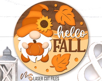 Fall Gnome Door Hanger SVG: Hello Fall Welcome Sign Laser Cut Files Glowforge/Cricut