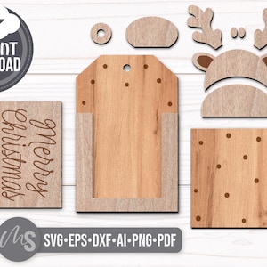 SVG Laser Cut Files for a bundle of 6 Christmas Gift Card Holders featuring cute Gift Tag shapes decorated with a Santa Claus, the text Ho Ho Ho, a Snowman, a Gingerbread Man, a Reindeer, and a Christmas Coffee Cup with spacers on the inside where you can insert your Gift Cards and money! Create festive Gift Card Holders, Money Holders, and gift Ornaments!
