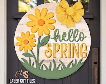 Hello Spring Daisy Door Hanger Svg - Spring Welcome Sign Svg - Daisy Svg - Laser Cut Files - Spring Flowers Door Sign - Glowforge Cricut