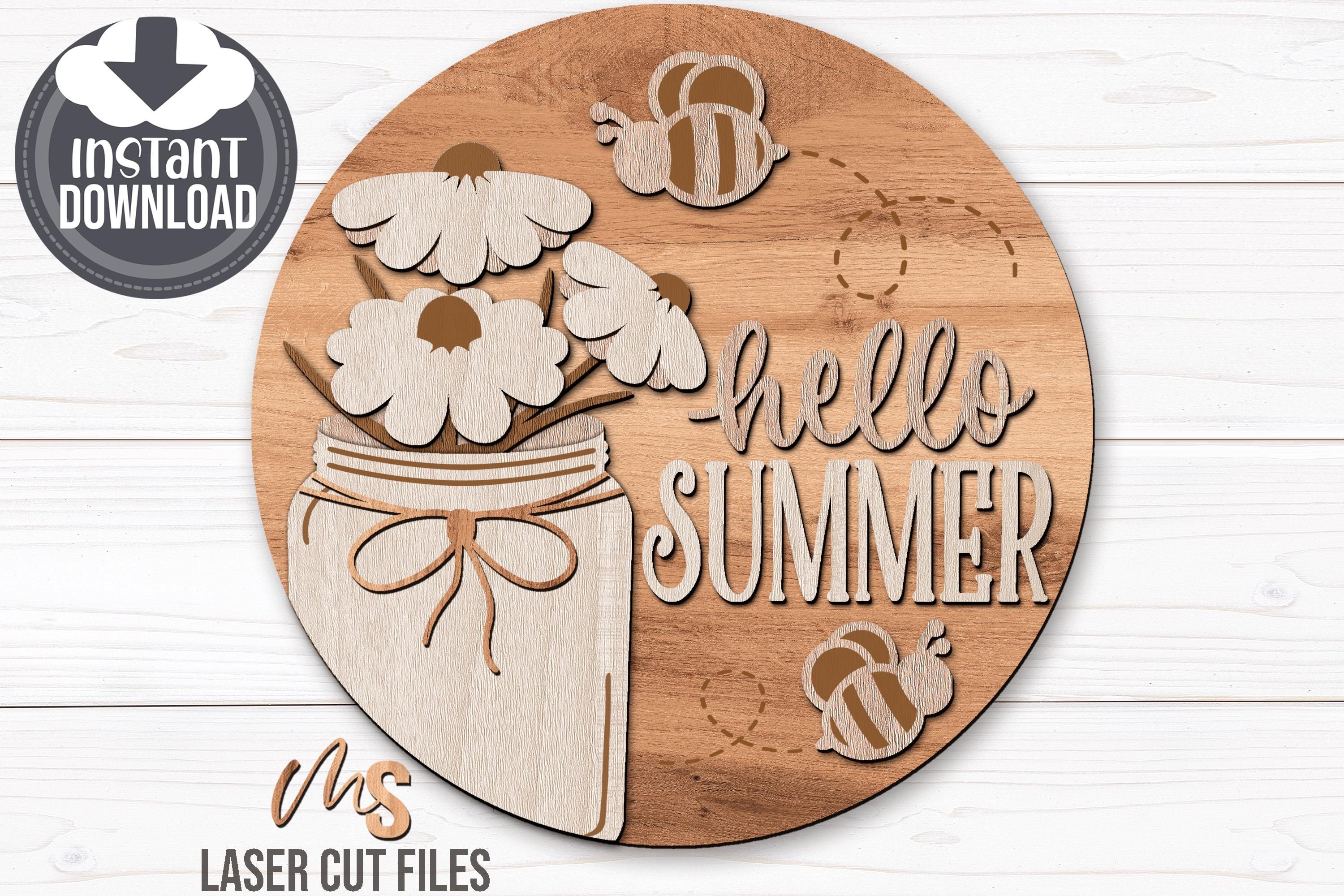 Mason Jar Daisy Summer Door Hanger Svg - Hello Summer Welcome Sign Svg ...