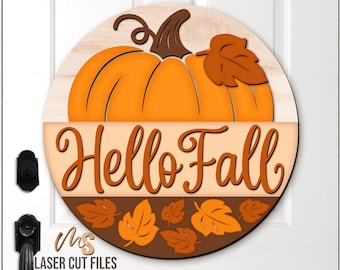 Fall Pumpkin Door Hanger SVG - Hello Fall Welcome Sign Svg - Fall Porch Door Sign - Laser Cut Files - Fall Decor - Glowforge Cricut
