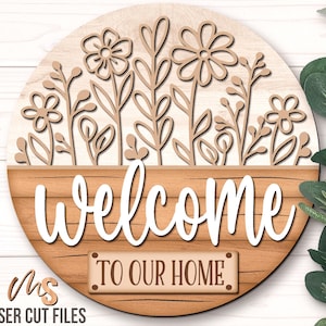 Accroche-porte floral SVG - panneau de bienvenue floral Svg - fichiers découpés au laser - panneau de porte floral - décoration de porche - décoration de porte d'entrée - Glowforge Cricut
