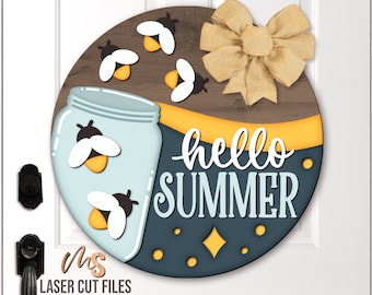 Hello Summer Firefly Door Hanger SVG - Summer Welcome Sign Svg - Firefly Svg - Laser Cut Files - Hello Summer Door Sign - Glowforge Cricut
