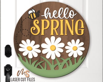 Daisy Hello Spring Door Hanger Svg - Spring Welcome Sign Svg - Daisy Svg - Bee Svg - Laser Cut Files - Spring Door Sign - Glowforge Cricut