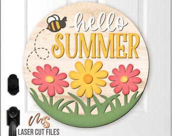 Daisy Hello Summer Door Hanger Svg - Summer Welcome Sign Svg - Daisy Svg - Bee Svg - Laser Cut Files - Summer Door Sign - Glowforge Cricut