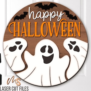Happy Halloween Sign Svg - Halloween Door Hanger Svg - Ghost Svg - Laser Cut Files - Halloween Door Sign - Fall Decor - Glowforge Cricut