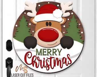 Santa Reindeer Merry Christmas Sign SVG: Christmas Door Hanger Laser Cut Files Glowforge/Cricut