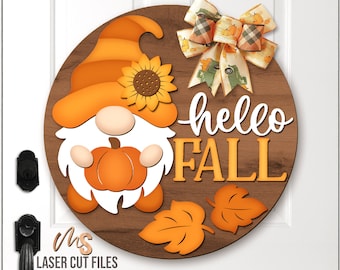 Hello Fall Gnome Sign SVG: Fall Door Hanger Laser Cut Files Glowforge/Cricut