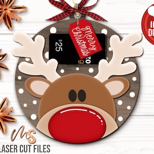 Portatarjetas de regalo de Navidad con forma de reno SVG - Portamonedas de Navidad Svg - Adorno navideño de reno Svg - Archivos cortados con láser - Glowforge Cricut