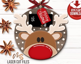 Reindeer Christmas Gift Card Holder SVG - Christmas Money Holder Svg - Reindeer Christmas Ornament Svg - Laser Cut Files - Glowforge Cricut