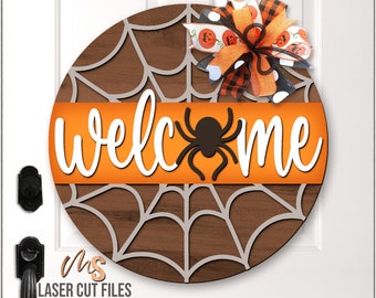 Spider Web Halloween Welcome Sign SVG: Halloween Door Hanger Laser Cut Files Glowforge/Cricut