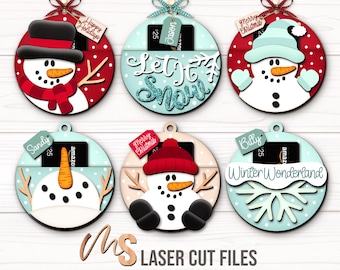 Snowman Christmas Gift Card Holder SVG Bundle: MoneyHolder Ornament Laser Cut Files Glowforge/Cricut