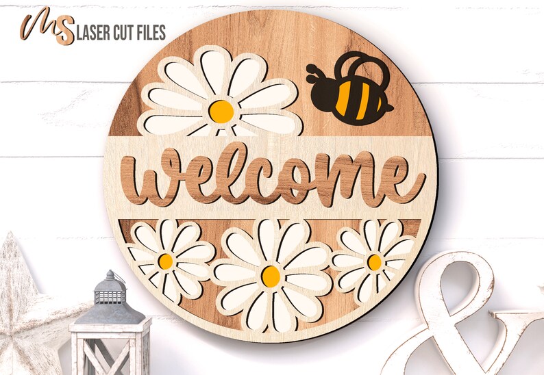 Daisy Bee Welcome Sign SVG - Floral Spring Door Hanger Svg Laser Cut ...