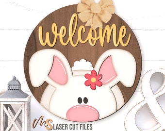 Easter Bunny Welcome Sign Svg - Easter Door Hanger Svg - Easter Bunny Svg - Laser Cut Files - Easter Spring Door Sign - Glowforge Cricut