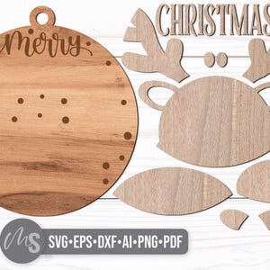 Reindeer Merry Christmas Ornament SVG - Reindeer Ornament Svg - Merry Christmas Svg - Reindeer Svg - Laser Cut Files - Glowforge Files - Reindeer Christmas Ornament - Christmas Decorations - Christmas Decor - Ornament Svg - Round Wood Ornament