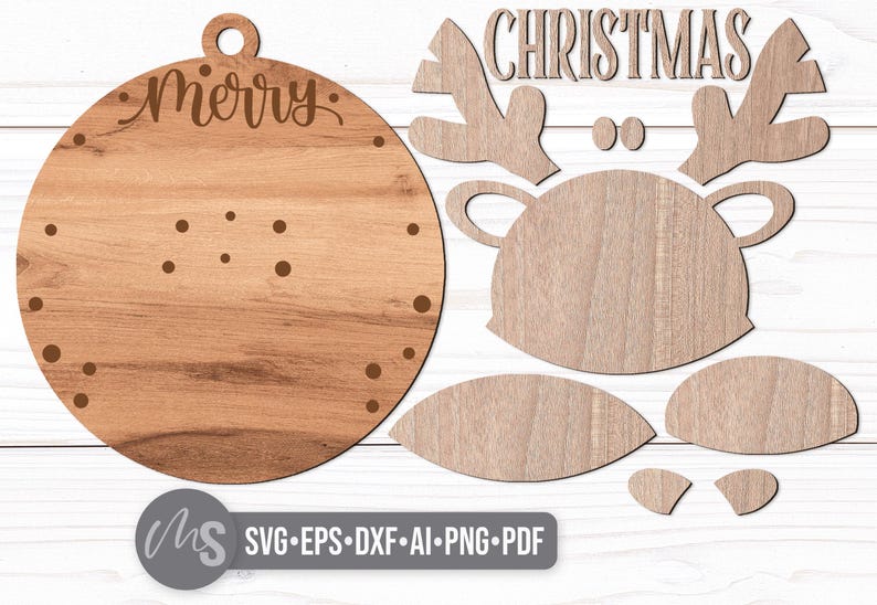 Reindeer Merry Christmas Ornament SVG - Reindeer Ornament Svg - Merry Christmas Svg - Reindeer Svg - Laser Cut Files - Glowforge Files - Reindeer Christmas Ornament - Christmas Decorations - Christmas Decor - Ornament Svg - Round Wood Ornament