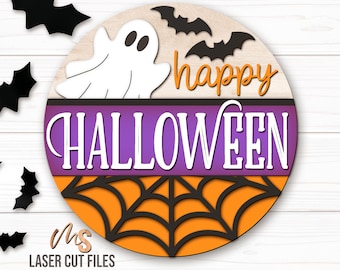 Ghost Happy Halloween Sign Svg - Halloween Door Hanger Svg - Ghost Svg - Laser Cut Files - Halloween Door Sign - Glowforge Cricut