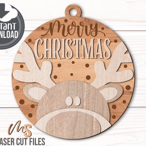 Reindeer Merry Christmas Ornament SVG - Reindeer Ornament Svg - Merry Christmas Svg - Reindeer Svg - Laser Cut Files - Glowforge Files - Reindeer Christmas Ornament - Christmas Decorations - Christmas Decor - Ornament Svg - Round Wood Ornament