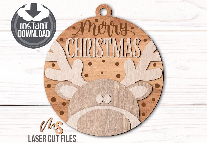 Reindeer Merry Christmas Ornament SVG - Reindeer Ornament Svg - Merry Christmas Svg - Reindeer Svg - Laser Cut Files - Glowforge Files - Reindeer Christmas Ornament - Christmas Decorations - Christmas Decor - Ornament Svg - Round Wood Ornament