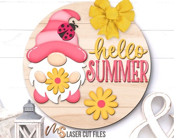 Summer Gnome Door Hanger SVG: Floral Summer Welcome Sign Laser Cut Files Glowforge/Cricut