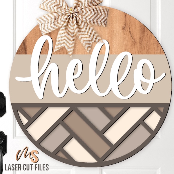 Geometric Welcome Sign SVG - Herringbone Door Hanger Svg - Hello Svg - Laser Cut Files - Front Door Sign - Farmhouse Decor - Glowforge Files