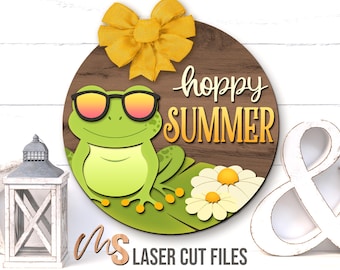 Hoppy Summer Frog Sign SVG: Floral Summer Door Hanger Laser Cut Files Glowforge/Cricut
