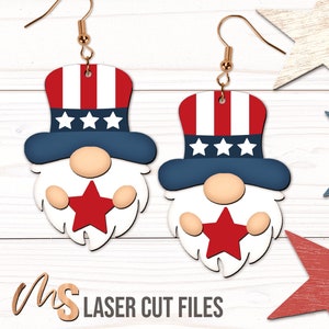 Boucles d'oreilles patriotiques gnome SVG - boucles d'oreilles 4 juillet Svg - boucles d'oreilles pendantes gnome - fichiers découpés au Laser - Svg 4 juillet - Glowforge fichiers Cricut