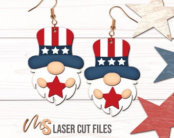 Patriotic Gnome Earrings SVG - 4th Of July Earrings Svg - Gnome Dangle Earrings - Laser Cut Files - 4th Of July Svg - Glowforge Files Cricut