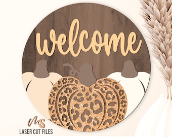 Fall Welcome Sign Svg - Fall Door Hanger SVG - Leopard Print Pumpkin Svg - Fall Door Sign - Fall Svg - Laser Cut Files - Glowforge Files