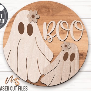 Cute Halloween Ghost Door Hanger Svg - Floral Cute Ghost Svg - Boo Svg - Laser Cut Files - Boho Halloween Sign Svg - Glowforge Files - Halloween Welcome Sign Svg - Halloween Door Hanger - Halloween Porch Sign - Halloween Decor - Front Door Decor