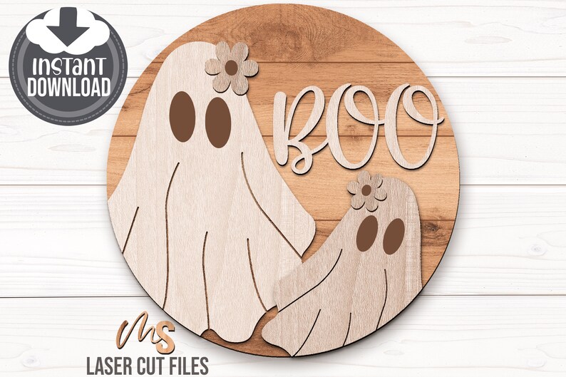 Cute Halloween Ghost Door Hanger Svg - Floral Cute Ghost Svg - Boo Svg - Laser Cut Files - Boho Halloween Sign Svg - Glowforge Files - Halloween Welcome Sign Svg - Halloween Door Hanger - Halloween Porch Sign - Halloween Decor - Front Door Decor