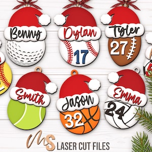 SVG Laser Cut Files for a bundle of 8 Custom Sports Ornaments including a Softball, Baseball, Golf Ball, Football, Soccer Ball, Tennis Ball, Basketball, and Volleyball all wearing a Santa Hat with a space on the brim of the hat for adding your own custom name or text, as well as your own custom jersey numbers! Create fun Sports themed Christmas Ornaments, Custom Christmas Gift Tags, Car Charm Accessories, and other Christmas Decorations!