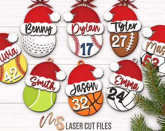 Custom Santa Hat Sports Ornament SVG Bundle: Christmas Ornament Laser Cut Files Glowforge/Cricut