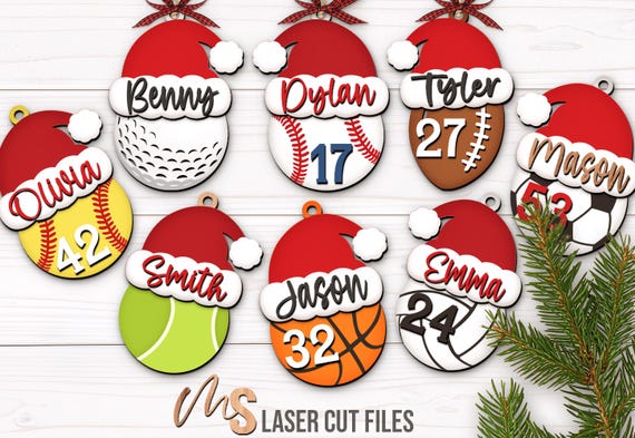 Custom Santa Hat Sports Ornament SVG Bundle: Christmas Ornament Laser Cut Files Glowforge/Cricut