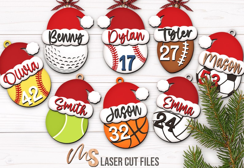 SVG Laser Cut Files for a bundle of 8 Custom Sports Ornaments including a Softball, Baseball, Golf Ball, Football, Soccer Ball, Tennis Ball, Basketball, and Volleyball all wearing a Santa Hat with a space on the brim of the hat for adding your own custom name or text, as well as your own custom jersey numbers! Create fun Sports themed Christmas Ornaments, Custom Christmas Gift Tags, Car Charm Accessories, and other Christmas Decorations!
