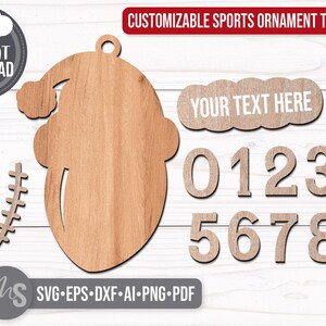 SVG Laser Cut Files for a bundle of 8 Custom Sports Ornaments including a Softball, Baseball, Golf Ball, Football, Soccer Ball, Tennis Ball, Basketball, and Volleyball all wearing a Santa Hat with a space on the brim of the hat for adding your own custom name or text, as well as your own custom jersey numbers! Create fun Sports themed Christmas Ornaments, Custom Christmas Gift Tags, Car Charm Accessories, and other Christmas Decorations!