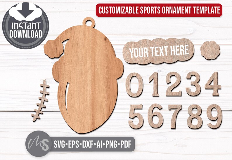 SVG Laser Cut Files for a bundle of 8 Custom Sports Ornaments including a Softball, Baseball, Golf Ball, Football, Soccer Ball, Tennis Ball, Basketball, and Volleyball all wearing a Santa Hat with a space on the brim of the hat for adding your own custom name or text, as well as your own custom jersey numbers! Create fun Sports themed Christmas Ornaments, Custom Christmas Gift Tags, Car Charm Accessories, and other Christmas Decorations!