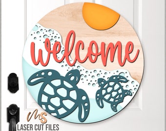 Sea Turtle Beach Welcome Sign SVG: Beach Door Hanger SVG Laser Cut Files for Glowforge/Cricut