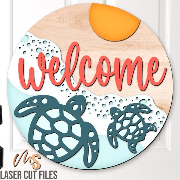 Beach Welcome Sign Svg - Beach Door Hanger SVG - Sea Turtle Svg - Laser Cut Files - Beach Door Sign - Coastal Decor - Glowforge Cricut