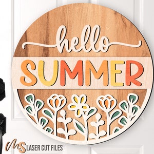 Bonjour l'été signe SVG - accroche-porte été - fleurs Svg - panneau de porte floral - fichiers découpés au laser - panneau de bienvenue - décoration d'été - Glowforge
