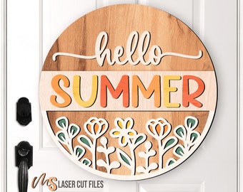 Hallo Sommer Zeichen SVG - Sommer Türschild Schild - Blumen Aufhänger - Laser Cut Dateien - Willkommensschild - Sommer Dekor - Glowforge