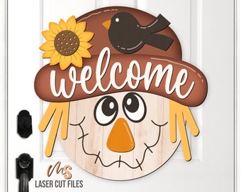 Scarecrow Fall Welcome Sign Svg - Fall Door Hanger Svg - Scarecrow Svg - Sunflower Fall Door Sign - Laser Cut Files - Glowforge Files