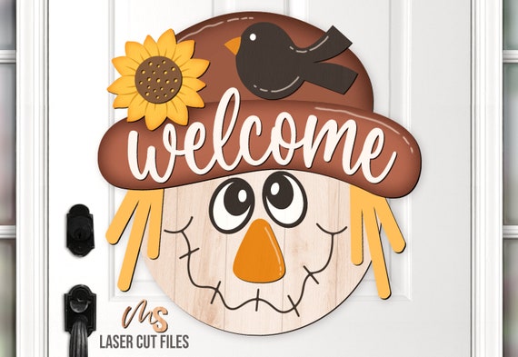 Scarecrow Fall Welcome Sign Svg - Fall Door Hanger Svg - Scarecrow Svg - Sunflower Fall Door Sign - Laser Cut Files - Glowforge Files