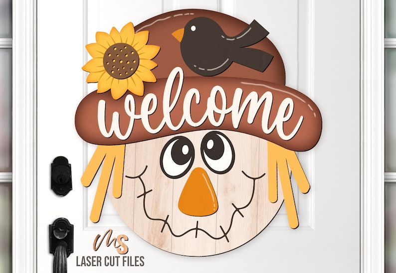 Scarecrow Fall Welcome Sign Svg - Fall Door Hanger Svg - Scarecrow Svg - Sunflower Fall Door Sign - Laser Cut Files - Glowforge Files - Fall Decor - Fall Svg - Fall Signs - Thanksgiving Svg - Scarecrow Door Hanger - Fall Wood Sign