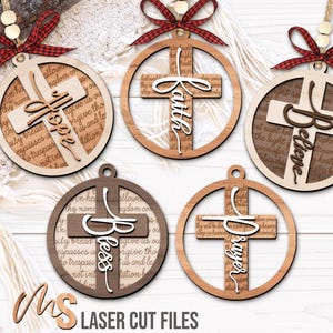 An SVG Laser Cut Files bundle of a set of 8 Religious Cross Ornaments with both outlined and non outlined versions, engravings for both 'Our Father Who Art In Heaven' and 'Silent Night Holy Night', and layered on words with 8 options including Jesus, Faith, Love, Hope, Grace, Bless, Believe, and Prayer. Mix and match your favorites to make beautiful Christian Christmas Ornaments, Cross Ornaments, Religious Car Charm accessories, and other faith themed Christmas Decorations!
