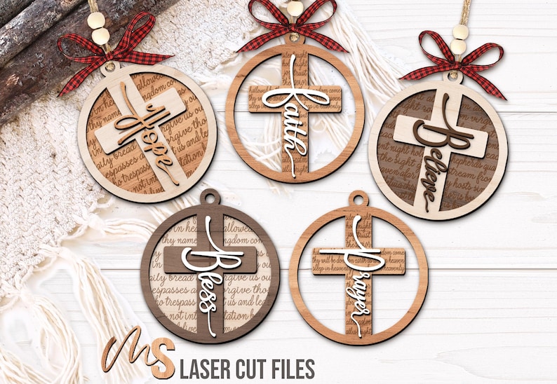 An SVG Laser Cut Files bundle of a set of 8 Religious Cross Ornaments with both outlined and non outlined versions, engravings for both 'Our Father Who Art In Heaven' and 'Silent Night Holy Night', and layered on words with 8 options including Jesus, Faith, Love, Hope, Grace, Bless, Believe, and Prayer. Mix and match your favorites to make beautiful Christian Christmas Ornaments, Cross Ornaments, Religious Car Charm accessories, and other faith themed Christmas Decorations!