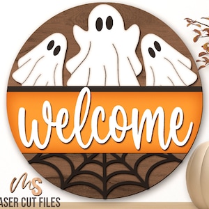 Cartello di benvenuto di Halloween SVG - Cartello di Halloween per appendere la porta SVG - Fantasma SVG - File tagliati al laser - Cartello per porta di Halloween - Decorazione autunnale - Glowforge Cricut