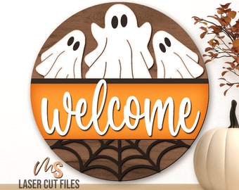 Halloween Welcome Sign Svg - Halloween Door Hanger Svg - Ghost Svg - Laser Cut Files - Halloween Door Sign - Fall Decor - Glowforge Cricut